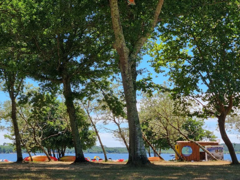 La base Au Fil de l’Eau sous les arbres, au bord du lac de Léon