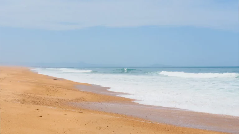 Grande plage de sable landaise et vagues de l’océan Atlantique